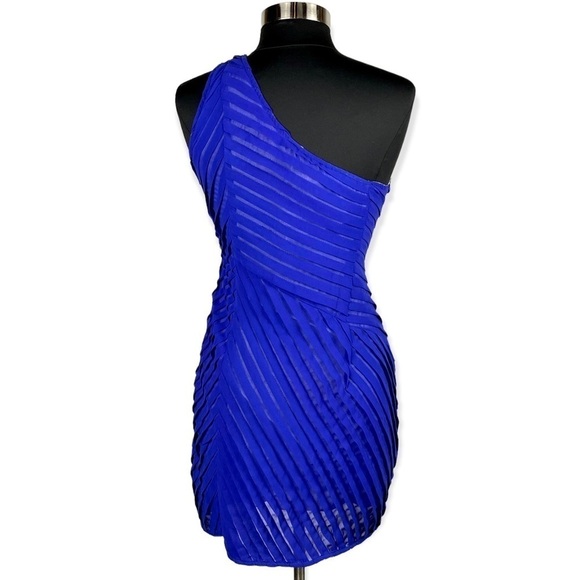 MINUET INDIGO ONE SHOULDER PLEATED FRINGE MINI DRESS - Picture 3 of 15